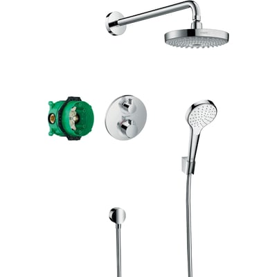 Komplet Hansgrohe Croma SEL indbygnings showersæt i krom, viser hovedbruser, termostat, håndbruser og indbygningsdel.