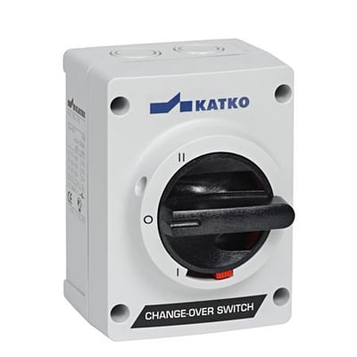Katko 1-0-2 omskifter, 4-polet og 25A, med IP66-klassificeret polycarbonat hus.