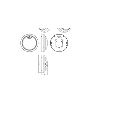 Målskitse med front-, side- og bagsidevisning af den runde Philips Lighting ProjectLine LED-væglampe med sensor.