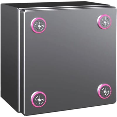 Rittal klemkasse KX i rustfrit stål med dimensionerne 150x150x120 mm, vist med fire synlige pink-detaljerede skruer på fronten.