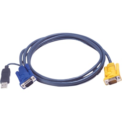 Aten KVM-kabel på 1,2 meter med oprullet mørkeblåt kabel samt SPHD15-, HD15- og USB Type-A-hanstik.