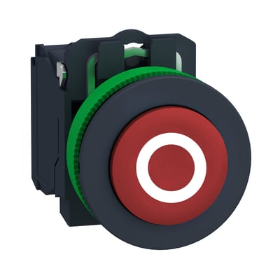 Sidelayout af Schneider Electric Harmony XB5 flush trykknap, der viser 1NC kontaktdel og grøn monteringsring.