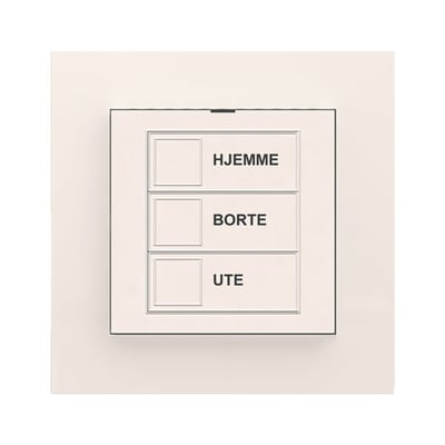 mTouch sparekontakt i polarhvid (RAL9010) med tre knapper mærket 'HJEMME', 'BORTE' og 'UTE'.
