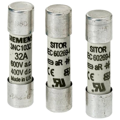 Siemens SITOR cylindrisk sikring 10 x 38 mm, 25 A, gR med mærkning 'Made in UK' og godkendelser.