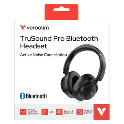 Emballagen til Verbatim TruSound Pro Bluetooth ANC-headset viser det sorte over-ear-headset på forsiden.