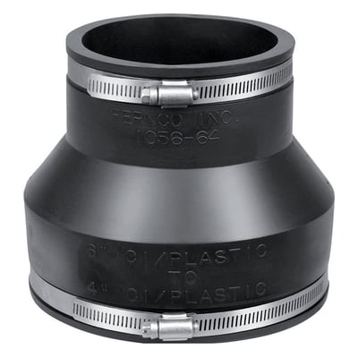 Fernco kobling 1056-64, sort gummi, passer til 110 mm støbejernsrør over jord.