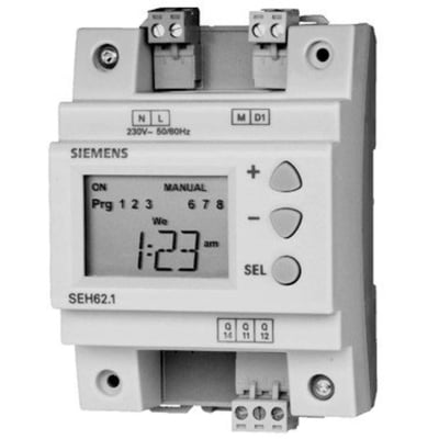 Siemens SEH62.1 digital ur med 1-kanals 7-dages program og tydeligt LCD-display med betjeningsknapper til nem programmering.