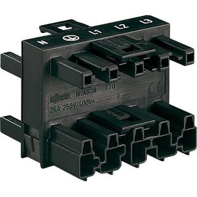 Wago H-blok 5-polet 25A 250V/400V med 1 indgang og 3 udgange, sort plast med mærkning L1, L2, L3 og N.