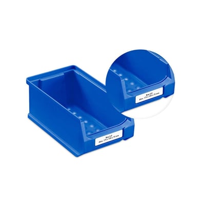 Blå reolkasse 2.0 med en mærkat på fronten, der angiver 'Box 2.0 Abm. 175 x 100 x 75 mm'.