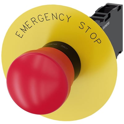 Siemens nødstop med 40mm rød paddetryk og gul bagplade med teksten 'EMERGENCY STOP'.
