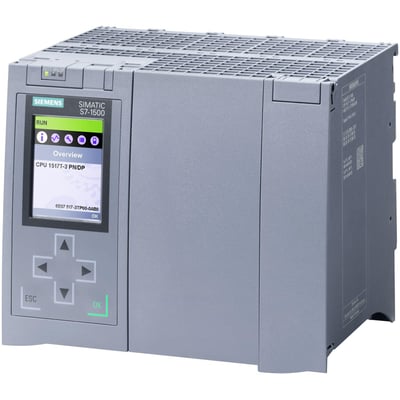 Siemens SIMATIC S7-1500T CPU 1517T-3 PN/DP central processorenhed med display og betjeningsknapper på grå baggrund.