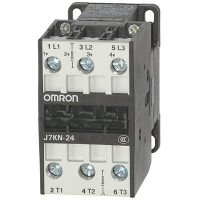 Omron J7KN-24 kontaktor med tre poler, 230 VAC, viser terminaler mærket 1 L1, 3 L2, 5 L3 og 2 T1, 4 T2, 6 T3.