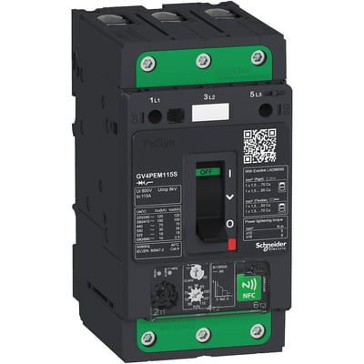 Schneider Electric TeSys GV4PEM115S motorværn med 115A indstilling og 50kA brydeevne, vist med grøn og sort front.