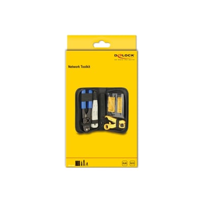 Delock Network Toolkit i sort etui, viser indholdet med crimptang, kabelstripper og tester.