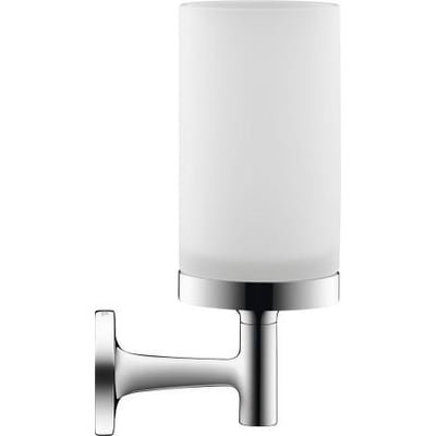 Detaljeret billede af Duravit Starck T glasholder i krom, viser den blanke metalholder med et matteret glascylinder.