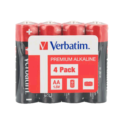 Fire sorte Verbatim alkaline AA batterier i 1,5V 4-pak med en rød og hvid indpakning.