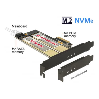 Illustration af Delock PCI Express M.2 kort med plads til SATA og NVMe SSD'er forbundet til motherboard.