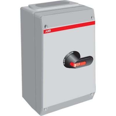 Detaljeret gengivelse af ABB OTE75T3B sikkerhedsafbryderens grå kapsling og sorte betjeningsgreb med 'ON' og 'OFF' markeringer.  Viser dens aflåselige funktion.