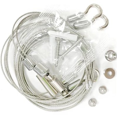 Wirekit med 2 meter wirer og justerbar Y-bund, inklusive skruer, rawplugs og kroge til ophæng af lysarmaturer.
