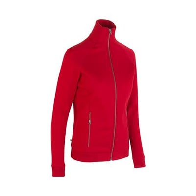 ID Identity rød dame cardigan i XL med lynlås, sidelommer og 2x2 rib detaljer på hvid baggrund.