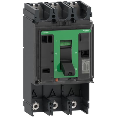 Schneider Electric 3-polet Maksafbryder NSX400S grundenhed med grøn betjeningskontakt og tydelig "OFF" markering.