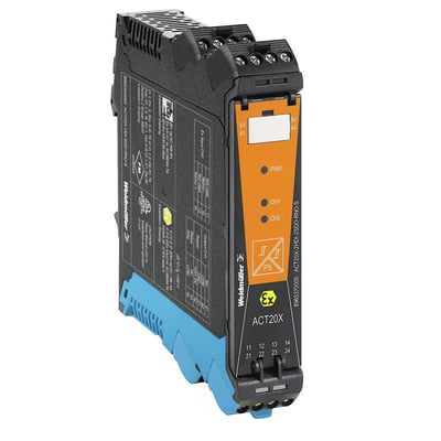 Weidmüller ACT20X signalomformer med EX-indgang, orange frontpanel og tilslutningsklemmer set skråt forfra.