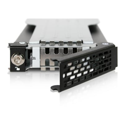ICY DOCK EZ-Slide Mini Tray MB994TK-B, sort og sølv HDD-bakke til 2,5-tommers drev, set forfra med frontklap åben.