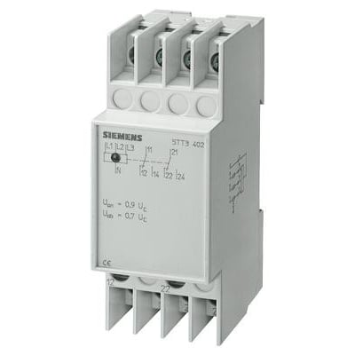 Siemens underspændingsrelæ 5TT3403 med 2 skiftekontakter til 3-faset 230/400V AC system, monteret på DIN-skinne.