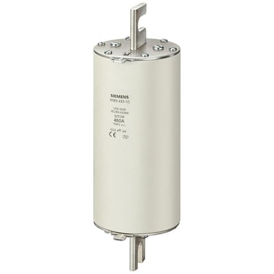 Siemens SITOR sikring NH3, 450A, med frontindikator og slidsede bladkontakter, godkendt til 1500V AC.