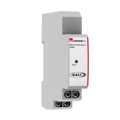 B.E.G. DALI relæ RM1-SYS-REG DALI-2 i hvid, kompakt 1 TE design med synlige terminaler og DALI logo.