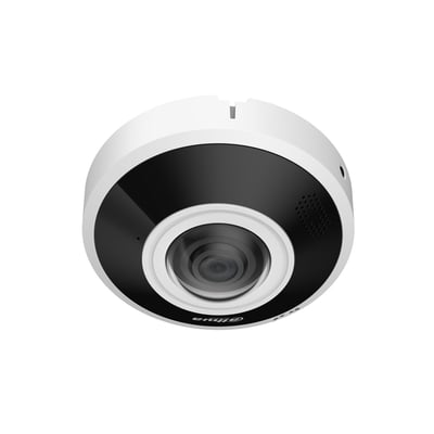 Dahua 6 MP fisheye-netværkskamera IPC-EBW5641-AS med rundt, hvidt og sort kabinet og centralt objektiv.