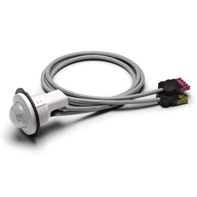 Niko P48LR tilstedeværelsessensor med hvid sensor, to grå kabler og farvekodede Winsta Midi-stik.