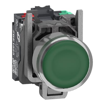 Schneider Electric komplet lampetryk med grøn trykflade og ZBE1025 kontaktelement. Inkluderer push-in fjederklemmer og 24V LED.