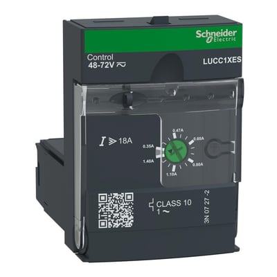 Schneider Electric TeSys LUCC1XES strømmodul til 48-72V kontrol, med justerbare Ampere fra 0.35A til 1.40A og Class 10 beskyttelse.