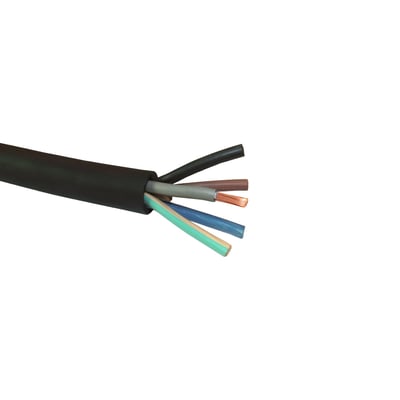 Sort H07RN-F gummikabel med 5G10 mm² tværsnit, viser de afisolerede ledere og den sorte yderkappe.