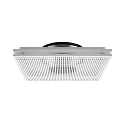 Set fra oven: Lindab kvadratisk luftarmatur PKA 250 i hvid, med perforeret front og rund ventilationskanal.