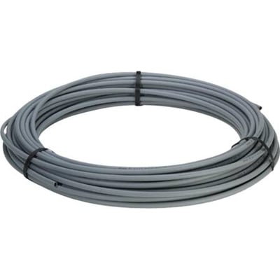 Tættere visning af det grå Viega In-liner Smartloop rør, 75 meter, rullet i en cirkel og bundet med kabelbindere.