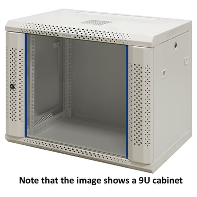 Toten 19-tommers vægskab, 12U, 600x450 mm, hvidt med glasdør; billedteksten angiver 9U.