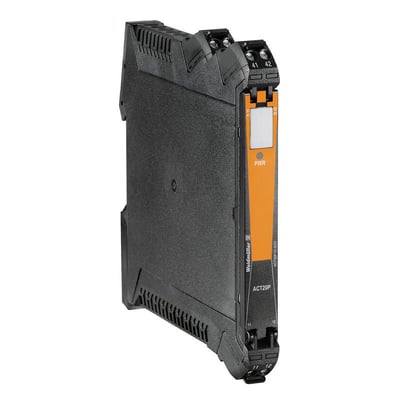 Weidmüller ACT20P signalomformer og isolator til 0(4)-20 mA, sort modul med orange front set skråt forfra.