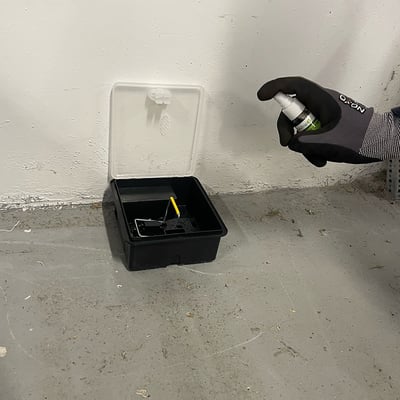 Person i arbejdshandske sprayer Camro monitoreringsspray ind i en lukket rottefælde.