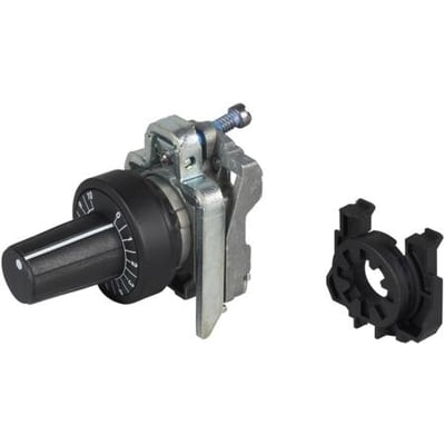 Schneider Electric potentiometergreb Ø6 ZB4BD9127 med sort drejeknap og metalmonteringsmekanisme. Et sort plastbeslag ses til højre.