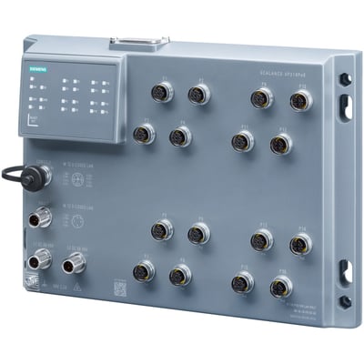 Siemens Scalance XP216 PoE switch med 16 M12-porte, heraf 12x10/100Mbit/s og 4x10/100/1000Mbit/s, samt diagnostikpanel.