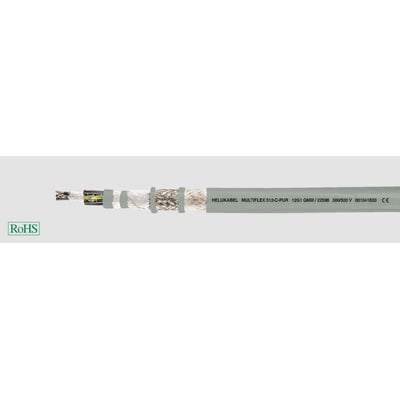 HELUKABEL Multiflexkabel PUR-C-512 5G6 med 300/500 V mærkning og CE-godkendelse, vist med forskellige lag af isolering og fletning.