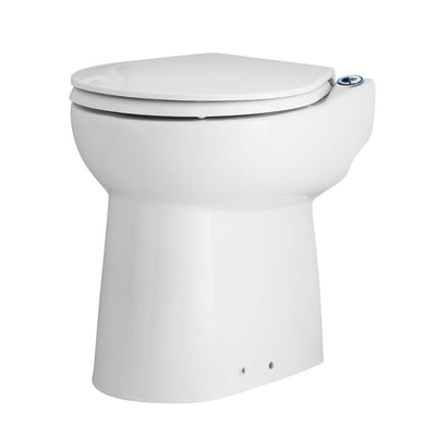 Kompakt toilet i hvid porcelæn med indbygget kværn og soft close toiletsæde, dybde 430 mm.