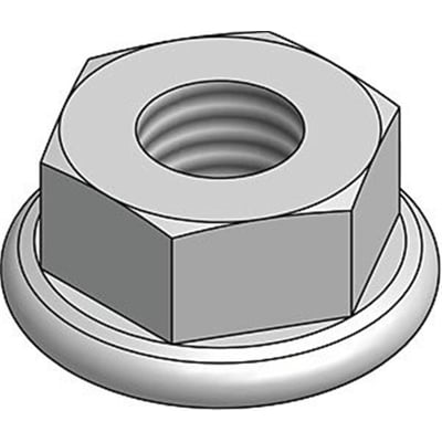 Teknisk illustration af M6 flangemøtrik i stål, der viser designet med integrerede tænder og flade flange.