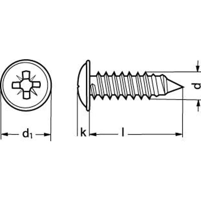 Skematisk tegning af 4,2x25 BS4174 el galvaniseret pladeskrue med pan hoved, flange og pozi drive.