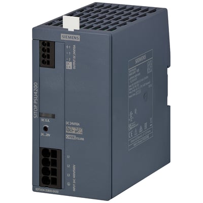 Siemens Sitop PSU4200 strømforsyning, grå, med tydelige mærkninger for input og output spænding samt Siemens logo.