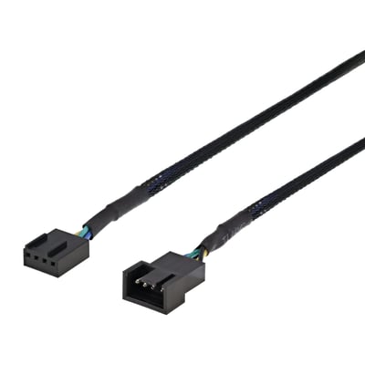 Deltaco 4-pin blæserforlængerkabel på 0,3 meter, sort med flettet kabel og sorte stik.