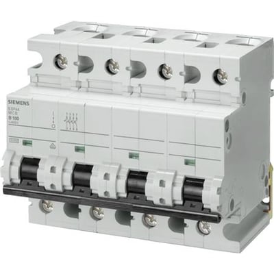Siemens SENTRON 4-polet automatsikring på 100 A med B-karakteristik og 10 kA brydeevne, set skråt forfra.