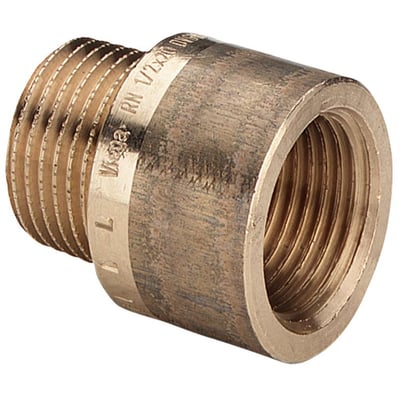 Viega haneforlænger i rødgods, 3/4" x 25 mm, set skråt med det indvendige gevind tydeligt synligt.